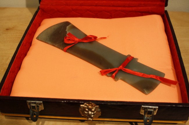 Chinese Jade axe in a box, L: 9": Chinese Jade axe in a box, L: 9"