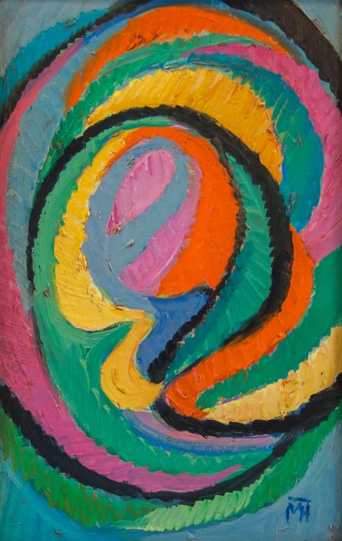 Hungarian Oil on Board Signed MT: Oil on board, framed. Featuring abstract composition. Signed "MT" to the bottom right corner. Board size: 30.5 x 19 cm (12 x 7.5 in) Frame size: 35.5 x 23.5 cm (13.7 x 9.3 in) .