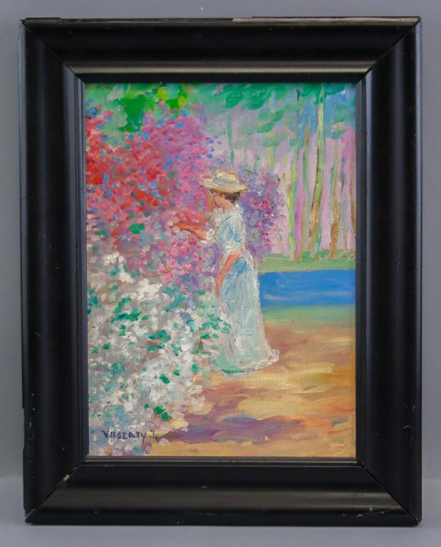 Hungarian Oil on Board Framed Signed Vaszary J: Oil on board, framed. Featuring a woman admiring some flowers. Signed "Vaszary J" to the bottom left corner. Board size: 27 x 19.5 cm (10.7 x 7.7 in) Frame size: 37 x 29 cm (14.5 x 11.5 in) .