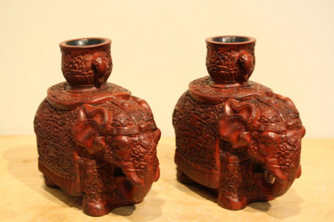 Chinese pair of elephant shape cinnabar candle sta: Chinese pair of elephant shape cinnabar candle stand, H: 6 1/2, W : 7