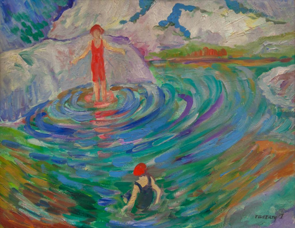 Hungarian Oil on Board Framed Signed Vaszary J: Oil on board, framed. Featuring two figures in a pool in an impressionist style. Signed "Vaszary J" to the bottom right corner. Some damage to frame. Board size: 32.5 x 41.5 cm (12.7 x 16.5 in) Frame 