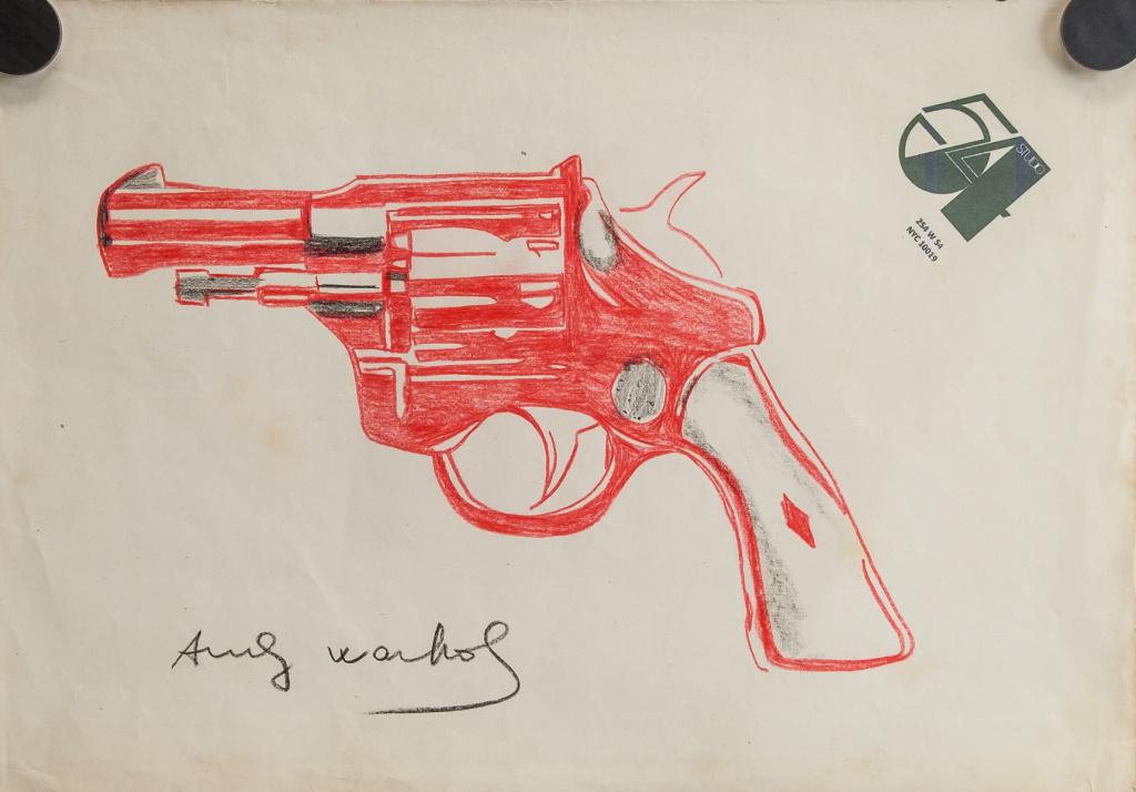 American Ink Paper Revolver Andy Warhol Studio 54: Ink on paper. Featuring a revolver in red. Signed Andy Warhol on the lower left quadrant. Studio 54 top right 23 x 33.5 cm (9.1 x 13.2 inches). Provenance: This lot carries limited provenance from an 