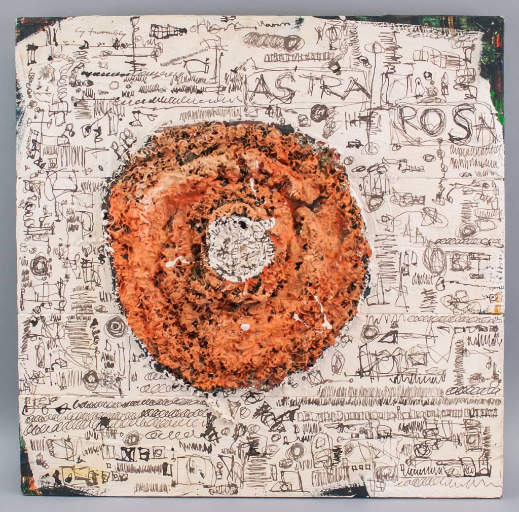 American Mixed Media on Board Signed Cy Twombly: Mixed media on board. Featuring orange donut shape on scribbled background. Signed "Cy Twombly" to the top left corner. Label on verso reads "NORTH FOCUS ART HOUSE". 50 x 50 cm (19.5 x 19.5 inch).