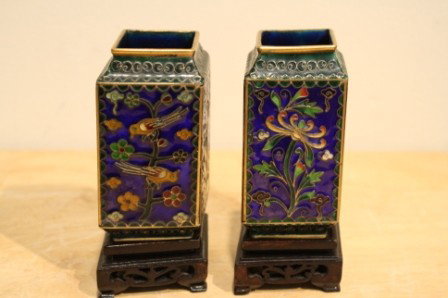 Pair of Chinese square enameled vases: Pair of Chinese square enameled vases H: 3 1/2