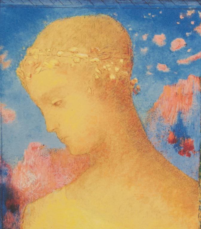 French Lithograph Signed Odilon Redon 24/65: Lithograph on paper. Featuring portrait of a man bathed in golden light, with a wreath of laurel's on his head. Signed "ODILON REDON" to the bottom right. "24/65" inscribed to the bottom left. 14 x 12