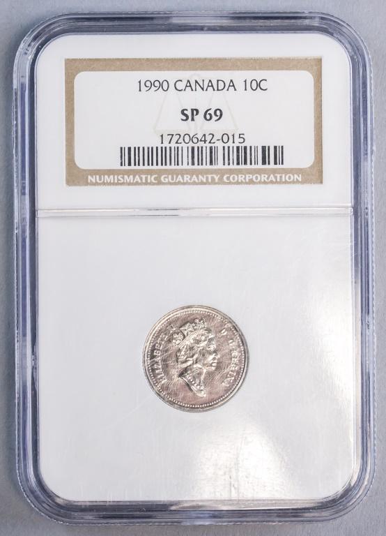 Canada 1990 10cents SP69 NGC: Canadian coin. Obverse: Portrait of Queen Elizabeth II facing right, surrounded with inscription. Lettering: ELIZABETH II DÂ·GÂ·REGINA. Reverse: The "Bluenose" under sail, a Canadian schooner from