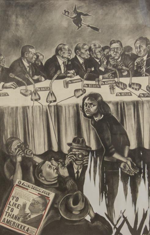 British Lithograph on Embossed 15/30 Sue Coe 15/30: Lithograph on paper. Featuring Anita Hill's being burnt in front of a panel of American senators. Newspaper to the bottom left reads "I'D LIKE TO THANK AMERIKKKA". Original titled "Thank you America"