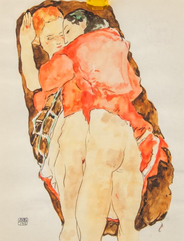 Austrian Watercolor on Paper Signed Egon Schiele: Watercolor on paper. Featuring two half-nude women in an embrace. Signed "EGON SCHIELE" to the bottom left corner. "1915" inscribed under the signature. "WATTEN SS" and Swastika stamp on verso. 28 x 2