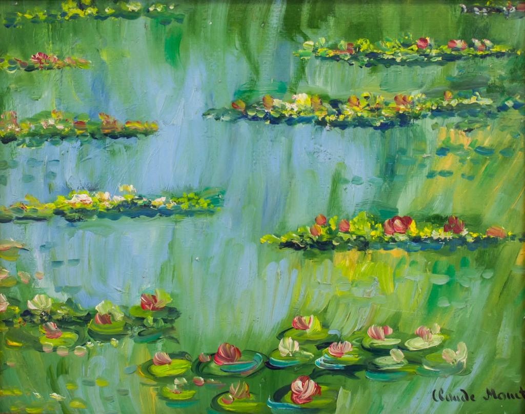 French Oil on Board Signed Monet: Oil on board, framed. Featuring landscape of water lilies. Signed "Claude Monet" to the bottom right corner. Some damage to frame. Stamp on verso. Board size: 30 x 38 cm (12 x 15 inches). Frame size:
