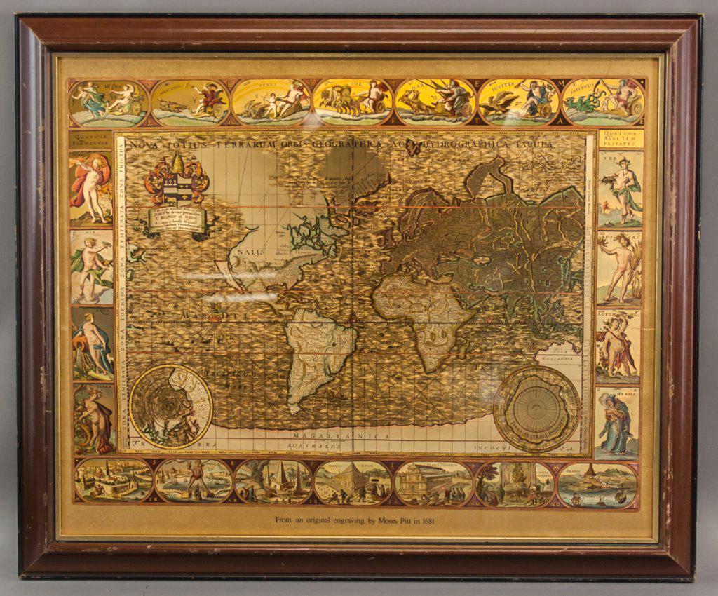 Gold Gilt World Map Framed: Gold Gilt world map, not including Oceania. "From an original engraving by Moses Pitt in 1681" printed beneath image. Label on verso reads "Ren-Wil Inc. / MONTREAL CANADA / STYLE A385 / W601 / 17 X 21