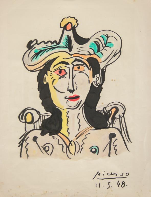 Spanish Watercolor on Paper Signed Picasso (1 of 6)
