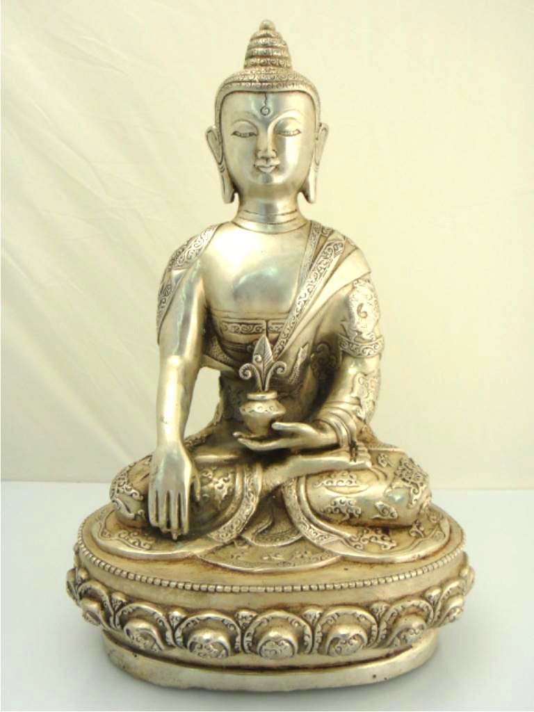 19th C. Tibetan Silver Amitayus Buddhist Figure c.: 19TH CENTURY TIBETAN SILVER AMITAYUS BUDDHIST FIGURE Antique Tibetan cast sculpture of silver Amitayus Buddha: seated on a lotus steel base holding a planter, 19th Century 11 1/2" tall, 7 1/2" wide, 5