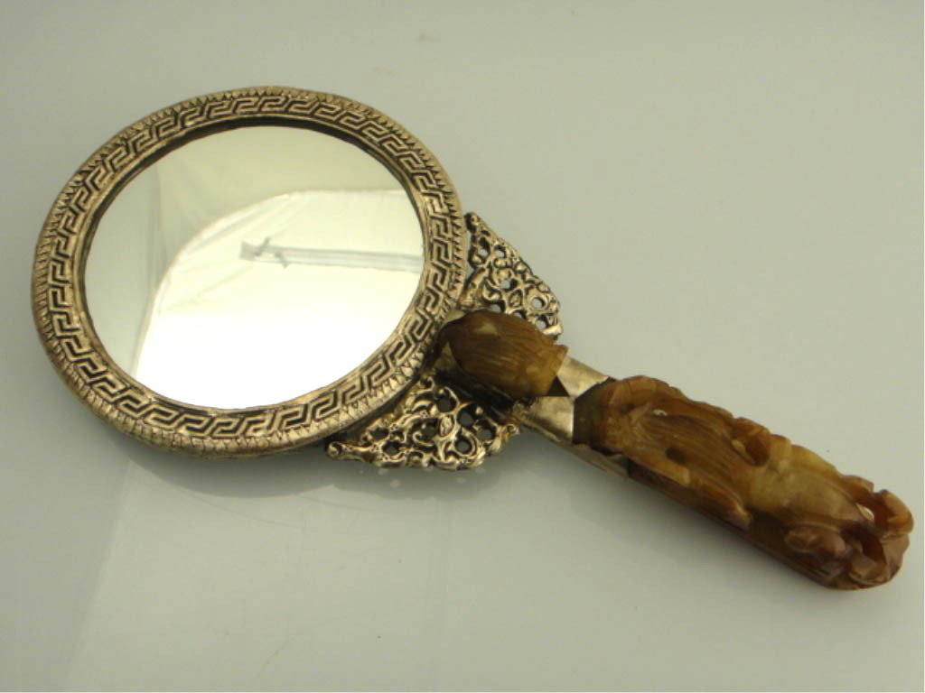 Antique Chinese Hand Mirror with Jade Handle: ANTIQUE CHINESE HAND MIRROR WITH JADE HANDLE Antique Chinese hand mirror with jade handle 9" long | JADE