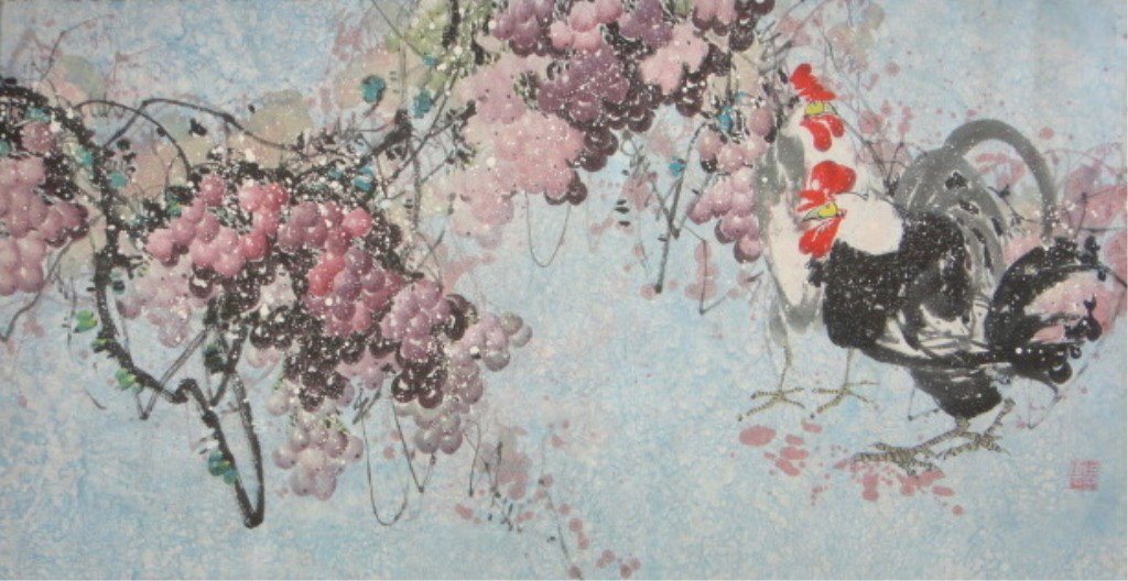Zhou Yun Chinese WC: Grapevine & Roosters: ZHOU YUN 20TH CENTURY CHINESE WATERCOLOR ON PAPER: Grapevine & Roosters Artist's Name: Zhou Yuun Date / Period: 20th Century Form / Medium Used: Watercolor on Paper Inscription / Seal: Inscribed & sig