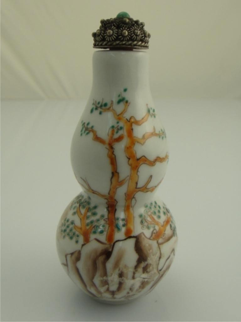 19th C. Chinese Porcelai Double Gourd Snuff Bottle: 19TH CENTURY CHINESE DOUBLE GOURD SNUFF BOTTLE Well hollowed, Chinese double gourd porcelain snuff bottle; enameled with gnarled trees on rockery to one side, on verso, enamel of a lone boatman in a m