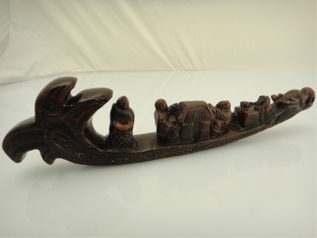 Chinese Rhinoceros Horn Carved Dragon Boat