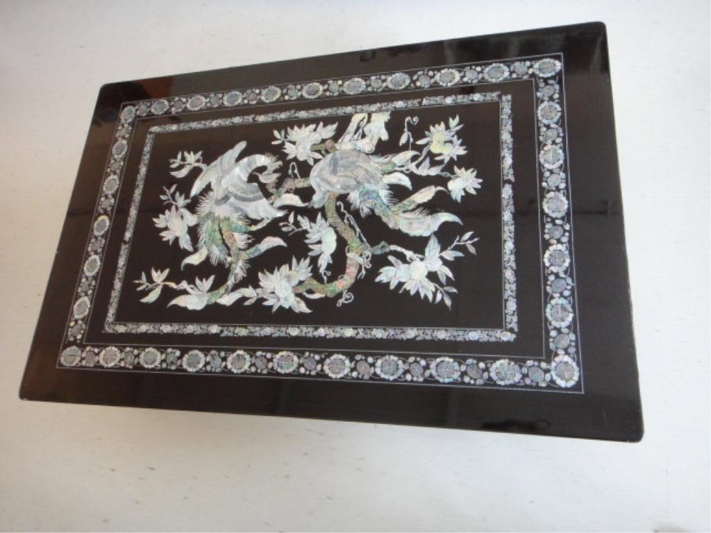 Korean Folding Table /w Inlaid Mother of Pearl: KOREAN FOLDING TABLE /W INLAID MOTHER OF PEARL Korean folding table: with inlaid mother of pearl design Form / Medium Used: Wood Table Dimensions: 48" wide, 32" long, 4 1/2 tall