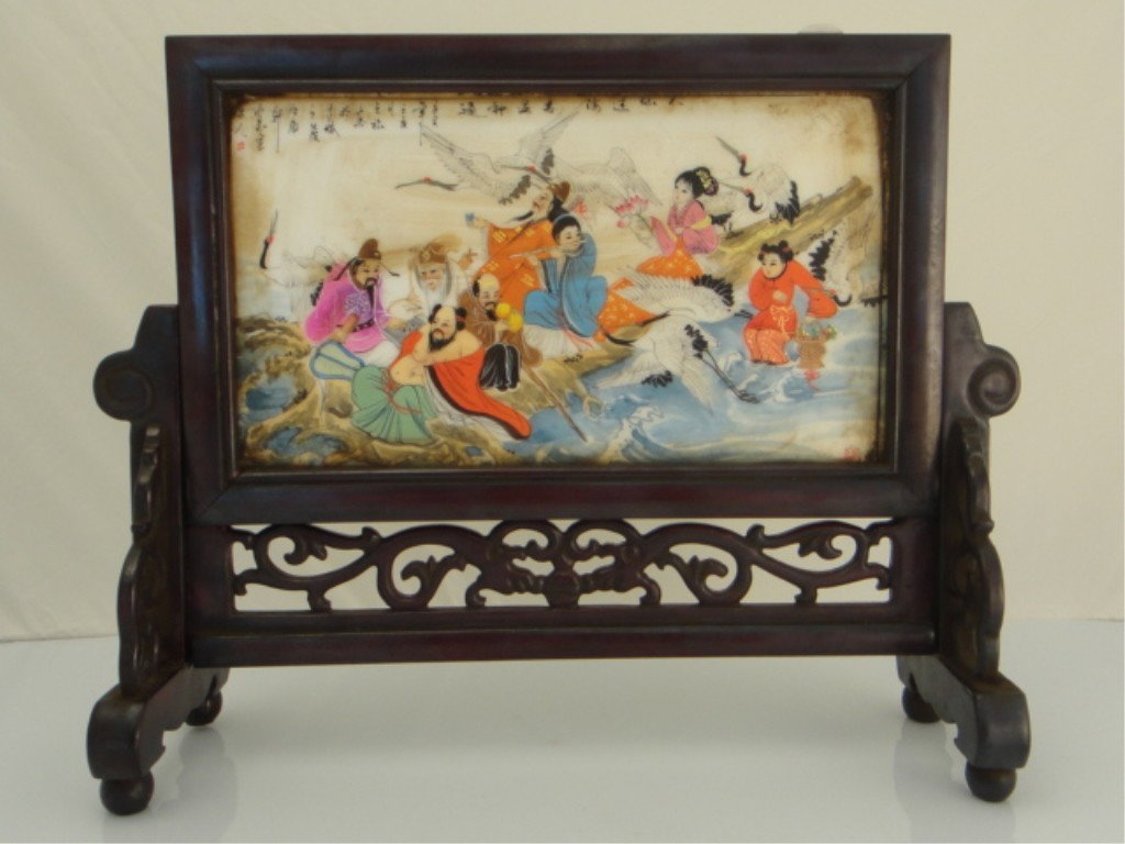 Antique Chinese Porcelain Table Screen: ANTIQUE CHINESE PORCELAIN TABLE SCREEN Antique Chinese double sided porcelain plaque tablescreen: enamel painting of Immortals on one side and enamel painting of winter landscape on verso Form / Mediu