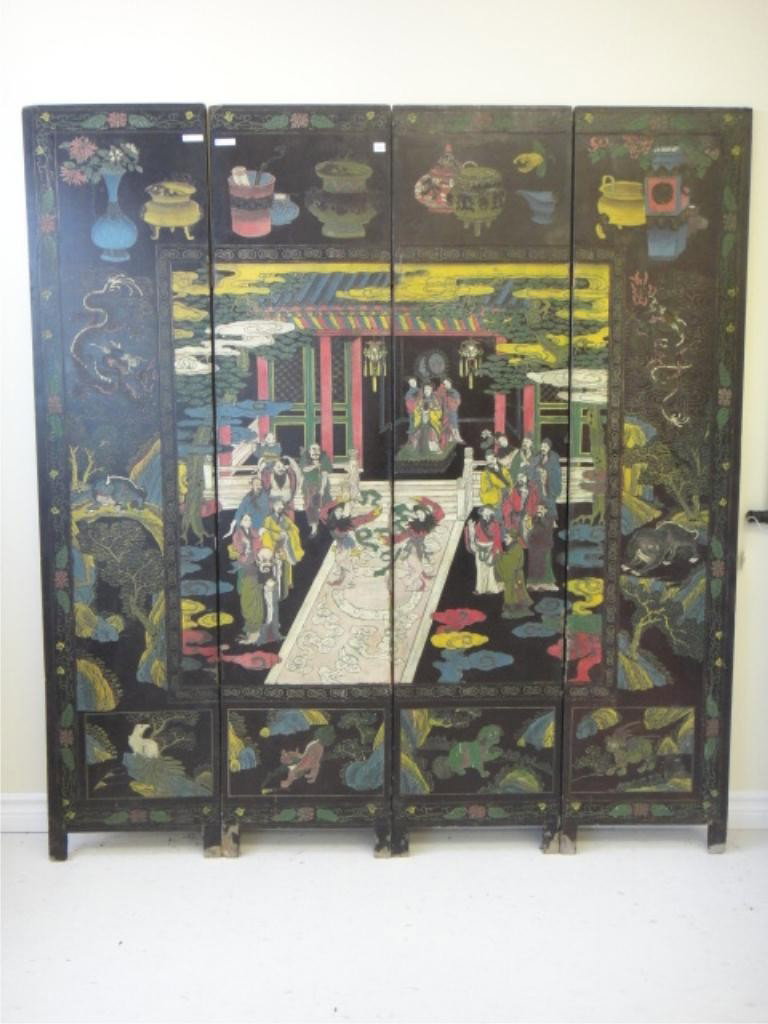 18th Chinese Carved Wooden 'Su' Longevity Screen: 18TH CHINESE CARVED WOODEN 'SU' LONGEVITY SCREEN 18th Century decorated carved and wooden Chinese screen (four pieces), with courtyard painting on the front with 120 handwritten 'Su" symbols on the ba