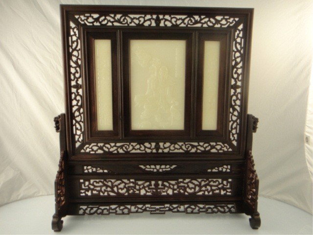 Chinese Tablescreen Inset With White Jade Plaques