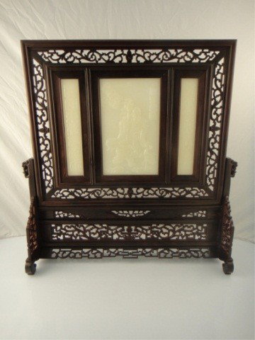 Chinese Tablescreen Inset With White Jade Plaques - 2