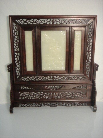 Chinese Tablescreen Inset With White Jade Plaques - 7