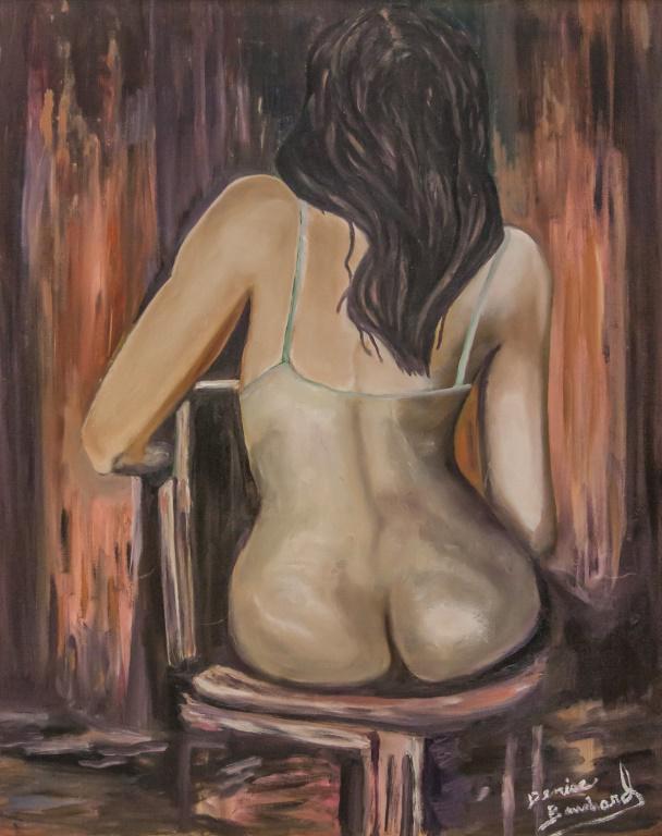 Oil on Canvas Denise Bouchard Framed: Oil on canvas, framed. Featuring portrait of a woman sitting in a chair with her back to the viewer. Signed "Denise Bouchard" to the bottom right corner. Label on verso reads "JEUNE FEMME DE DOS / HUI