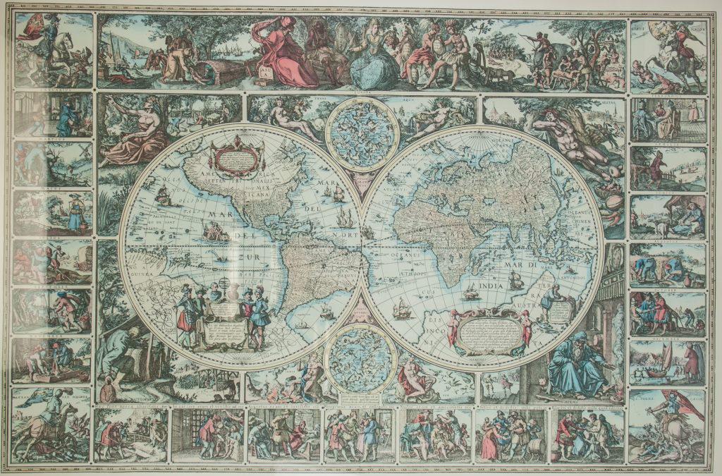 Ink on Paper World Map: Ink on paper, framed. Featuring world map with images of different months and events around the edge. 49 x 89 cm (19.5 x 35 in), Frame: 77 x 99 cm (30.5 x 39 in).