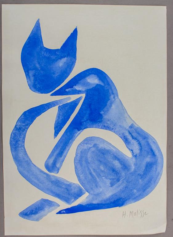 French Watercolor on Paper Signed H. Matisse Blue: Watercolor on paper. Featuring a blue cat. Signed H. Matisse on the lower right corner. 29.5 x 21 cm (11.5 x 8.3 inches)