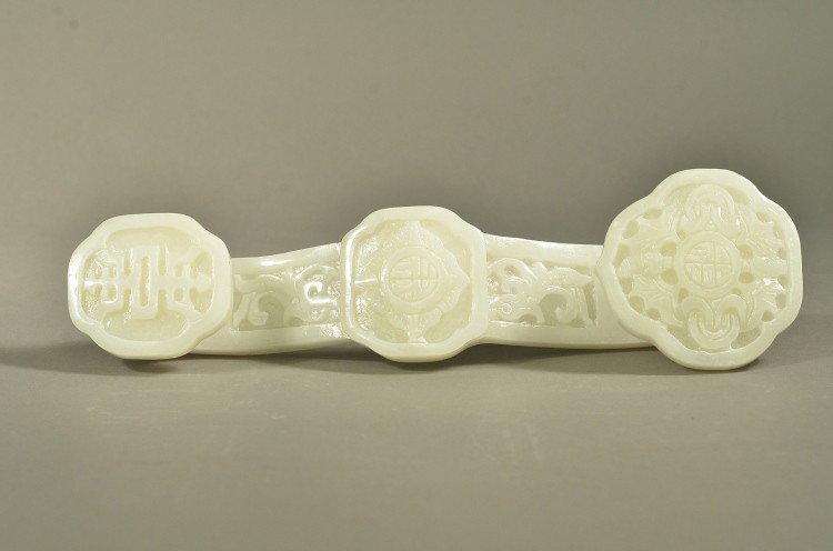 Carved White Jade 'Fu, Lu, Shou' Ruyi Scepter: Rare and finely carved Chinese white jade scepter; of ruyi form; ruyi head carved with fu, good fortune design surrounded by a pair antithetical bats; shaft carved with lu, prosperity design on lotus 