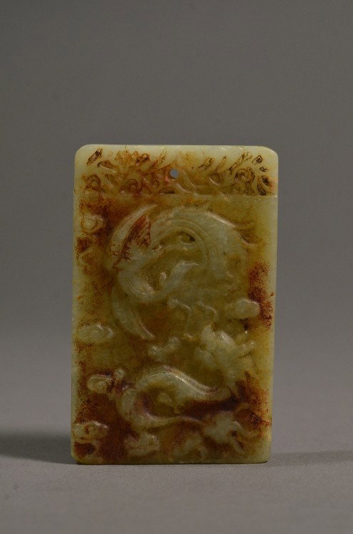 2 Pc Chinese Jade Lucky Bat Pendant Dragon Phoenix: Two Chinese jade pendants; of circular openwork carved form: featuring antithetical bats; the other of rectangular form: featuring dragon and phoenix motif; three lines of zigang calligraphy on verso;