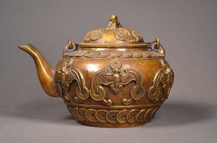 Chinese Bronze Teapot Tong Bao & Bat Qianlong mark: Chinese bronze teapot; of ovoid form: the body featuring six auspicious bats with three tong bao each enclose between two overlapping tong bao bands; the cover surmounted by finiale depicting small an