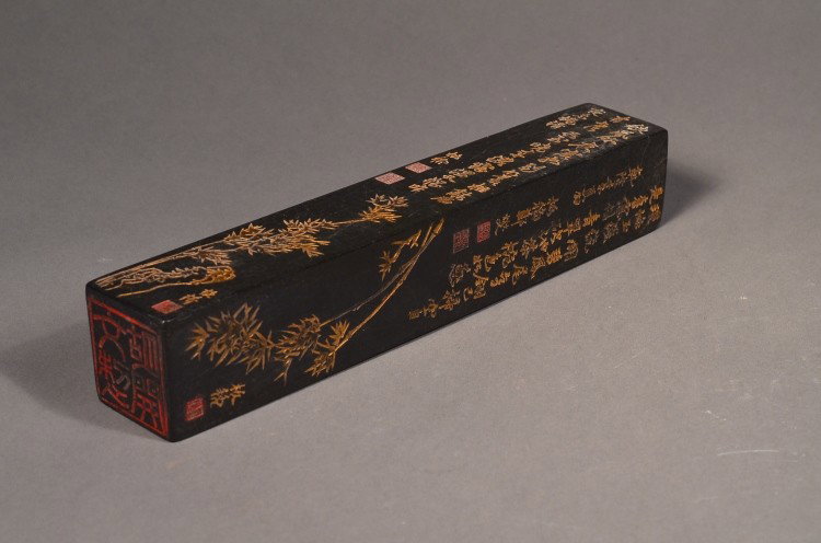 16th C. Gold Gilt Ming Inkstone Jang Ban Chao: 16th Century Chinese Ming Dynasty inkstone: ingraved with gold gilt calligraphy by artist Jang Ban Chao; four-character stamp; L: 25 cm, W: 4 cm, H: 4 cm