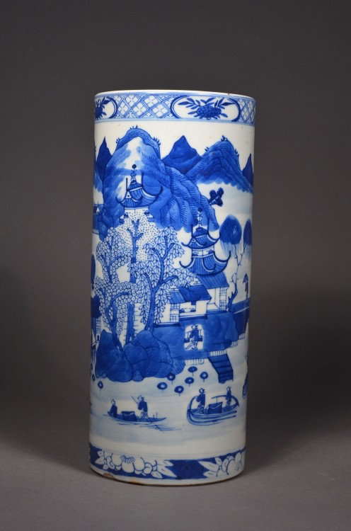19th Century Chinese Blue & White Umbrella Stand: 19th Century Chinese blue and white porcelain vase; of cylindrical form: depicting landscape scene and sea with fishing boats; 11" tall, 4 3/4" diameter