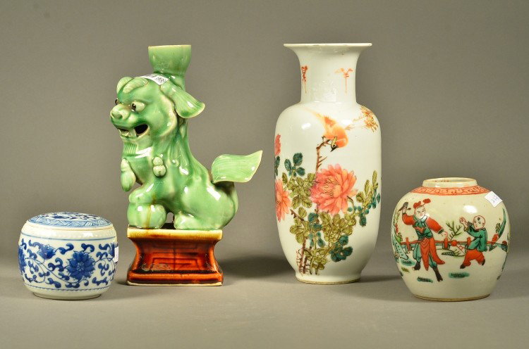 Set Four: Candle Holder, Vase, BW Pot, Figures Pot: Set of four various porcelain items: candle holder in form of dragon; blue and white porcelain pot with lid; Famille Rose enameled vase with flared rim; Famille Rose enameled jar