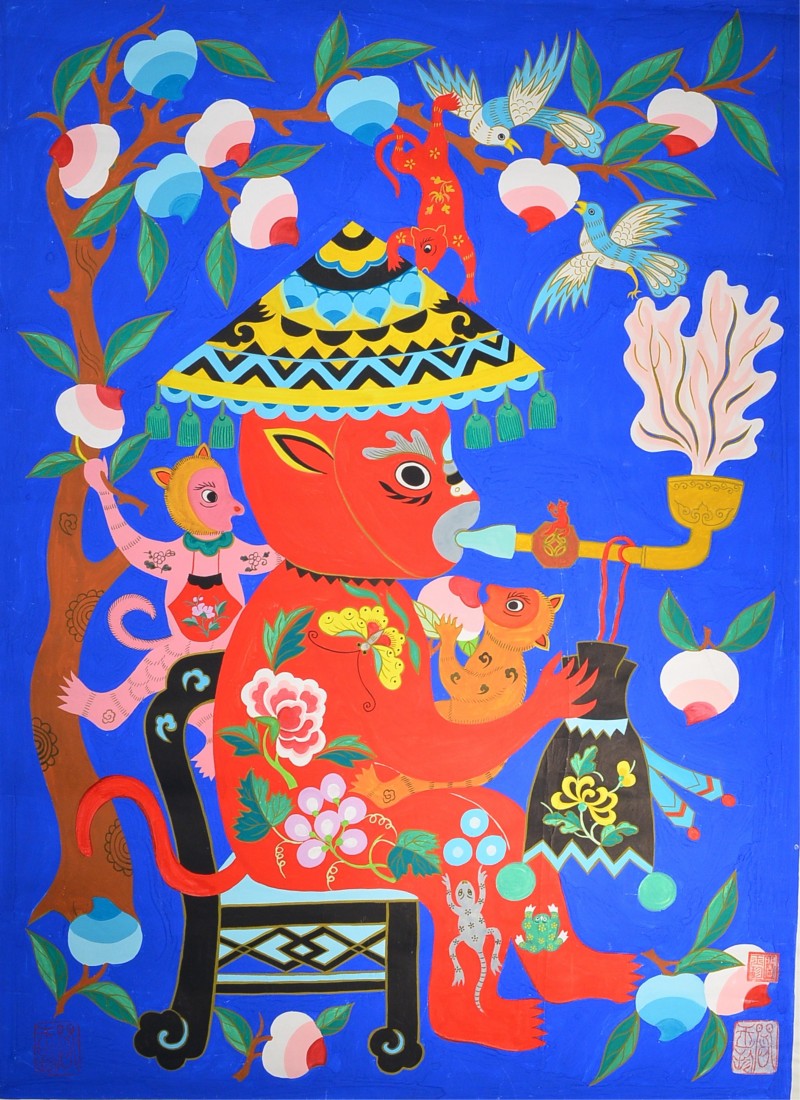 Chinese Watercolour on Paper: Monkey King: Chinese watercolor on paper, titled "Monkey King Enjoys Himself Like Old Farmer"; inscribed and signed by Ya, Yu Zhen with one artist seal; 75 cm X 55 cm
