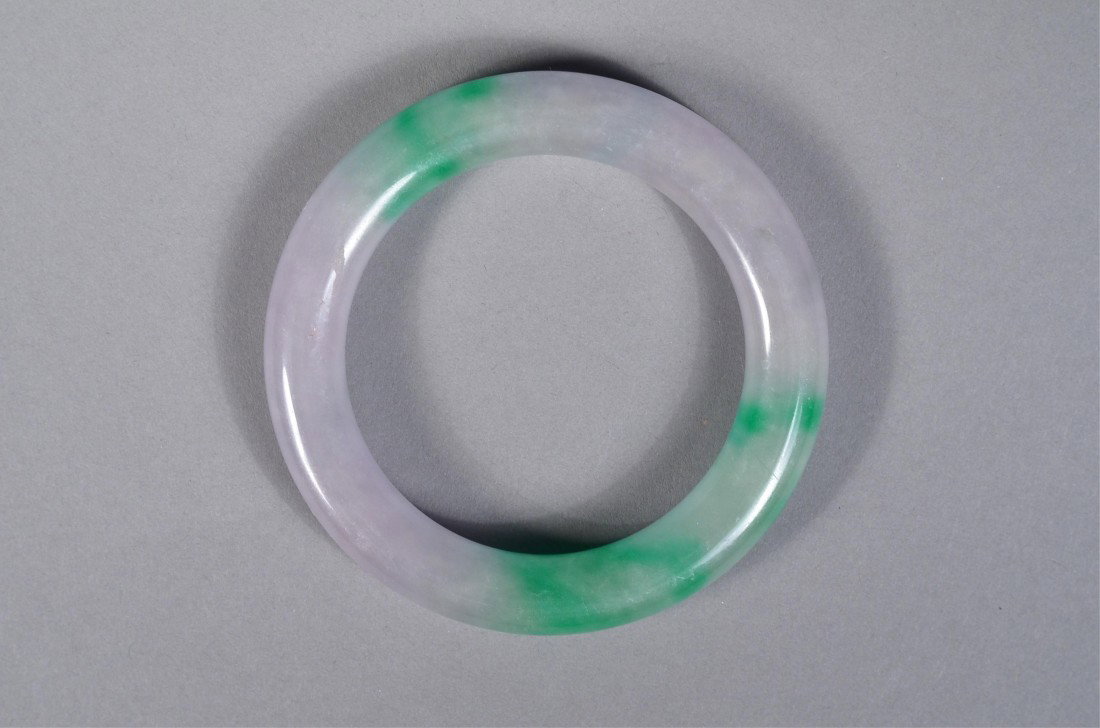 Chinese Green & White Jade Bangle: Chinese green and white jade bangle; D: 8.5 cm, 89 grams