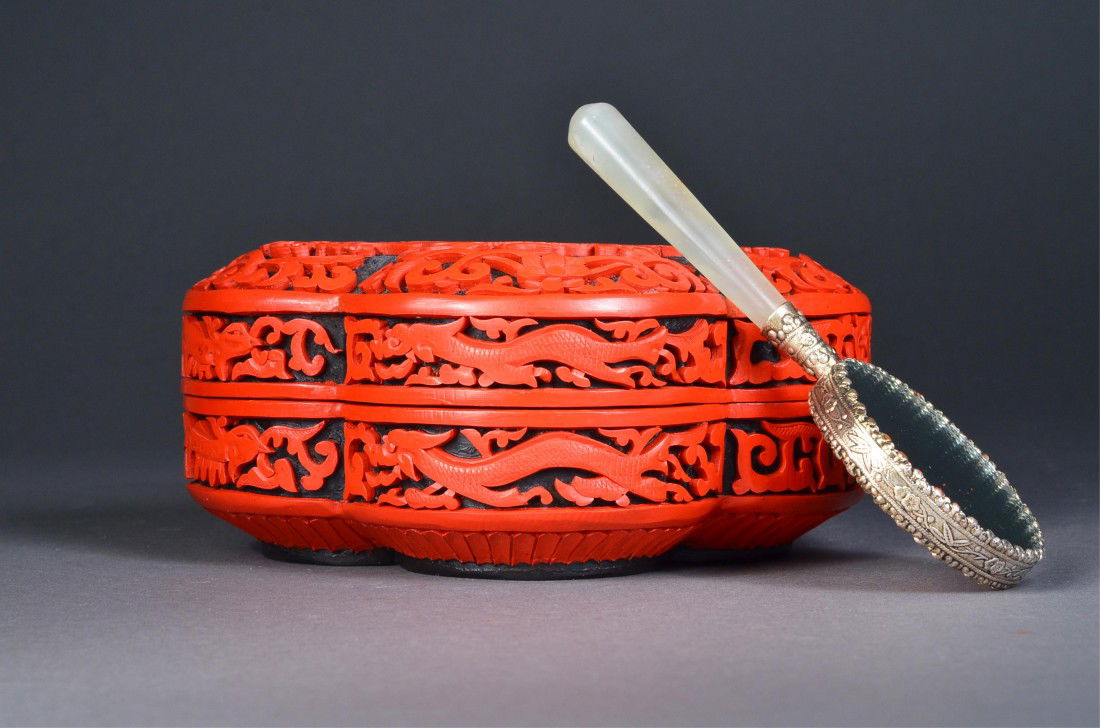 Cinnabar Lacquer Box & Mirror with Jade Handle: Set of two Chinese cinnabar lacquer box and mirror with jade handle; W: 12.5 cm, L: 15 cm (box); L: 13 cm, 5.75 cm (mirror)