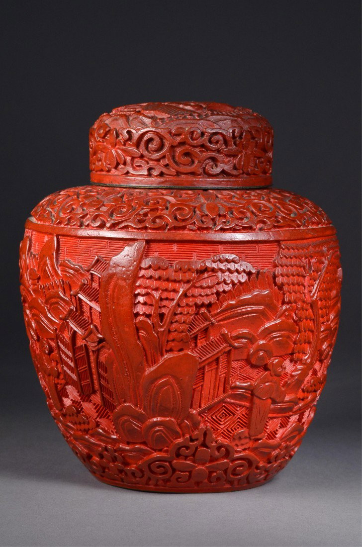 Chinese Carved Cinnabar Lacquer Jar: Chinese carved cinnabar lacquer jar with lid; ovoid body featuring figural courtyard scene of sages in between classic scroll register on base and shoulder; the lid carved with figural courtyard scene