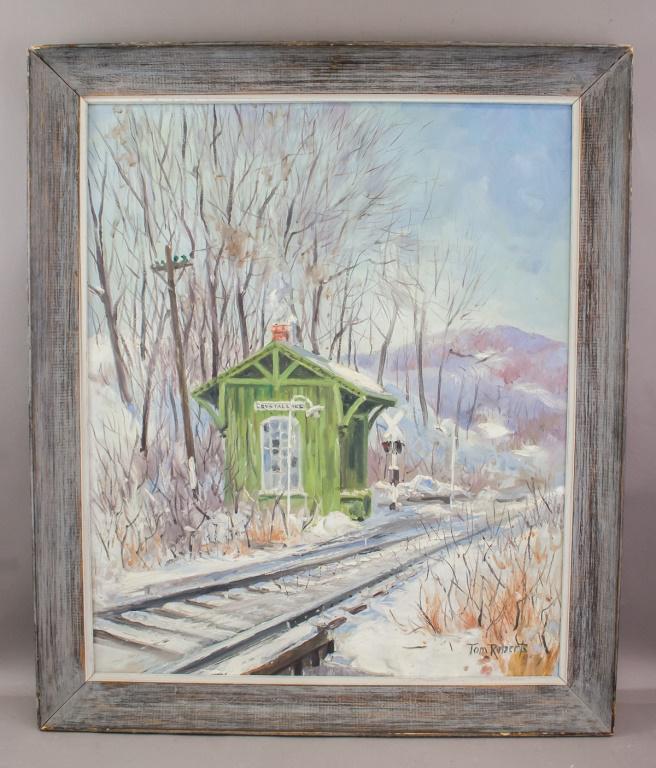 Canadian Oil on Canvas Signed TOM ROBERTS: Oil on canvas, framed. Featuring train tracks in the snow with a green train station. Signed "Tom Roberts" to the bottom right corner. Label on verso reads "BOX 102-1 / 67th ANNUAL SPRING EXHIBITION,