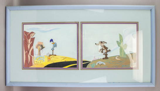 Animation Cell Chuck Jones Wile E. Coyote COA: Animation cells, framed. Featuring Wile E. Coyote. Accompanied with COA. With lot label of previous auction house. SP: 29.5 x 24 cm, (11 3/4" x 9 1/4"). F: 45.5 x 84 cm, (17 7/8 x 33 1/4").