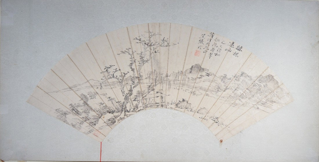 Chinese Mounted Watercolour Fan Painting: Fan Painting, Chinese mounted watercolour; inscribed and signed with one artist seal; Jian Ding Export seal attached; 32 cm X 63 cm