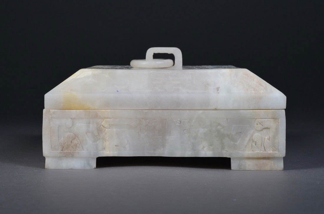 18th C.White Jade Dragon Seal with White Jade Box: Four 18th Century Chinese jade seals; each of square form surmounted by dragon in relief; seals residing in carved white jade box; square cover with knob suspending a loose ring; four-character seal o