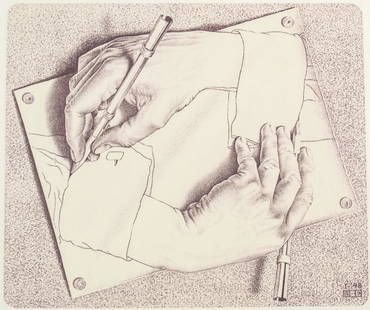 Dutch Etching Signed M.C. Escher 34/150: Etching on paper. Featuring two hands drawing each other. Signed "MC Escher" to the bottom right. "34/150" inscribed to the bottom left. 13 x 15 cm (5 x 6 inches), F:21 x 29.5 cm (8 1/4 x 11 1/2 inche