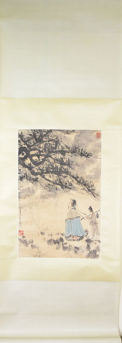 Chinese Watercolour Scroll Signed by Artist: Hanging scroll, Chinese watercolour painting, ink and colour on paper, signed Fu Baoshi; inscribed and signed with one artist seal; 60 cm x 40 cm
