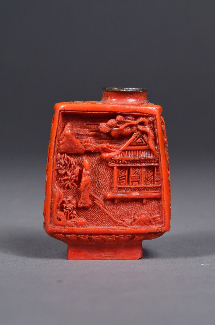 Chinese Cinnabar Lacquer Rectangular Snuff Bottle: Chinese cinnabar lacquer snuff bottle; of rectangular form featuring sages and landscape scene; the sides carved with lotus scroll in relief; H: 5 cm, W: 4.5 cm