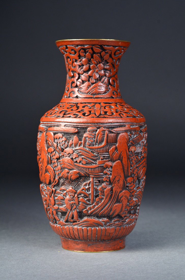 Chinese Carved Cinnabar Lacquer Vase: Chinese carved cinnabar lacquer vase; Marked CHINA on base; H: 16 cm, D: 9 cm