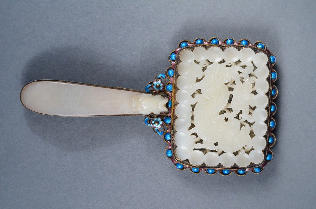 Chinese Mirror Cloisonne Design & Jade Handle: Chinese mirror with cloisonne design and jade handle; L: 16 cm, W: 9 cm, 190 grams