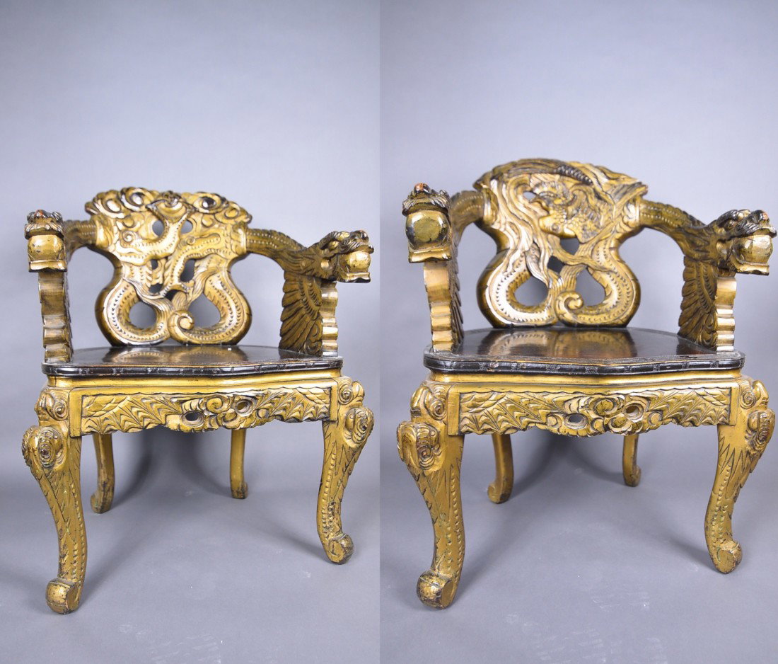 Pair Chinese Chairs Dragon & Phoenix: Pair of Chinese wood carved chairs, in form of dragons and phoenix; L: 55 cm, H: 85 cm, W: 63 cm