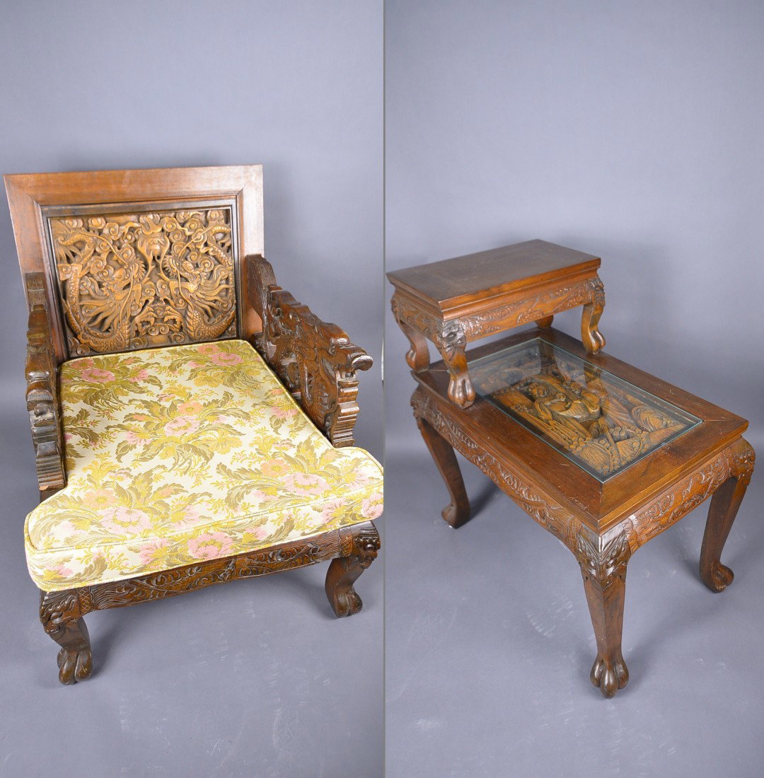 Set of 2: Chinese Carved Chair & Table: Chinese carved chair with cushion, arms and back carved with dragon designs; two-tiered designed table with glass inset; H: 83 cm, W: 65 cm, L: 80 cm (chair); H: 76 cm, L: 74 cm, W: 40 cm (table)